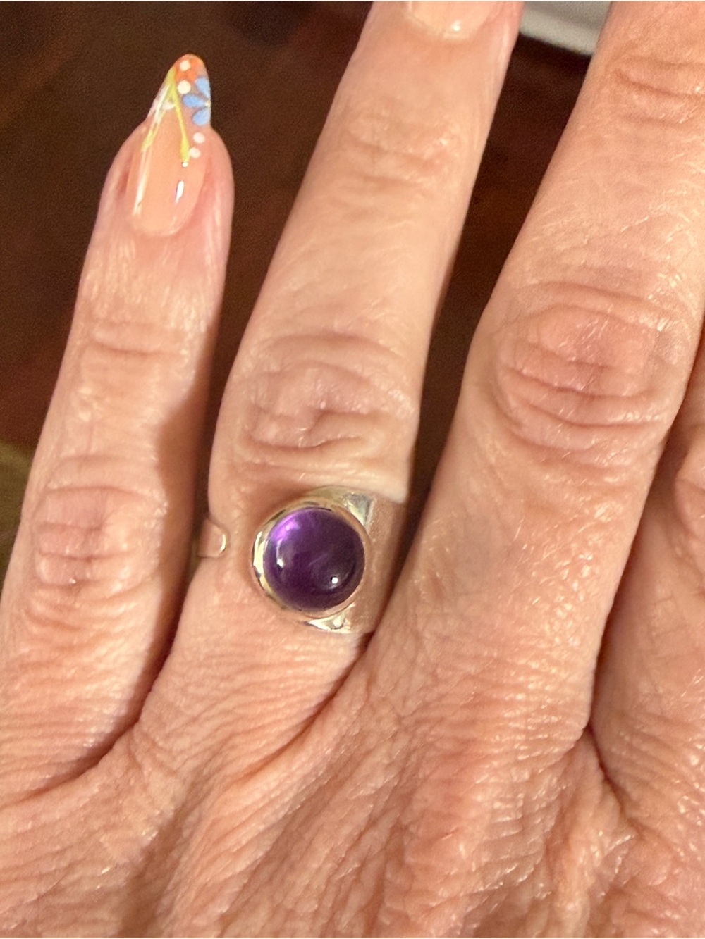 Sterling Silver Amethyst Cabochon Ring - Purple - size adjustable from 7-9